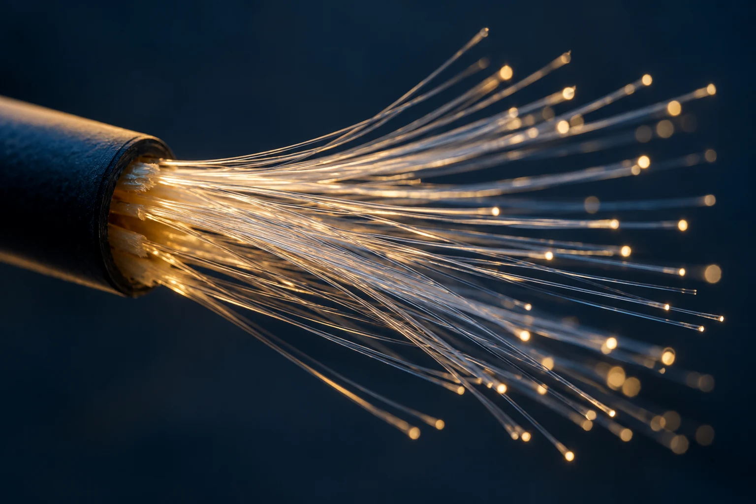Optical fibres illuminated in navy and gold
