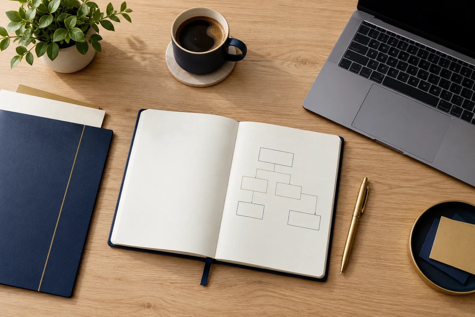 A technology planning notebook beside a laptop on an unattended desk