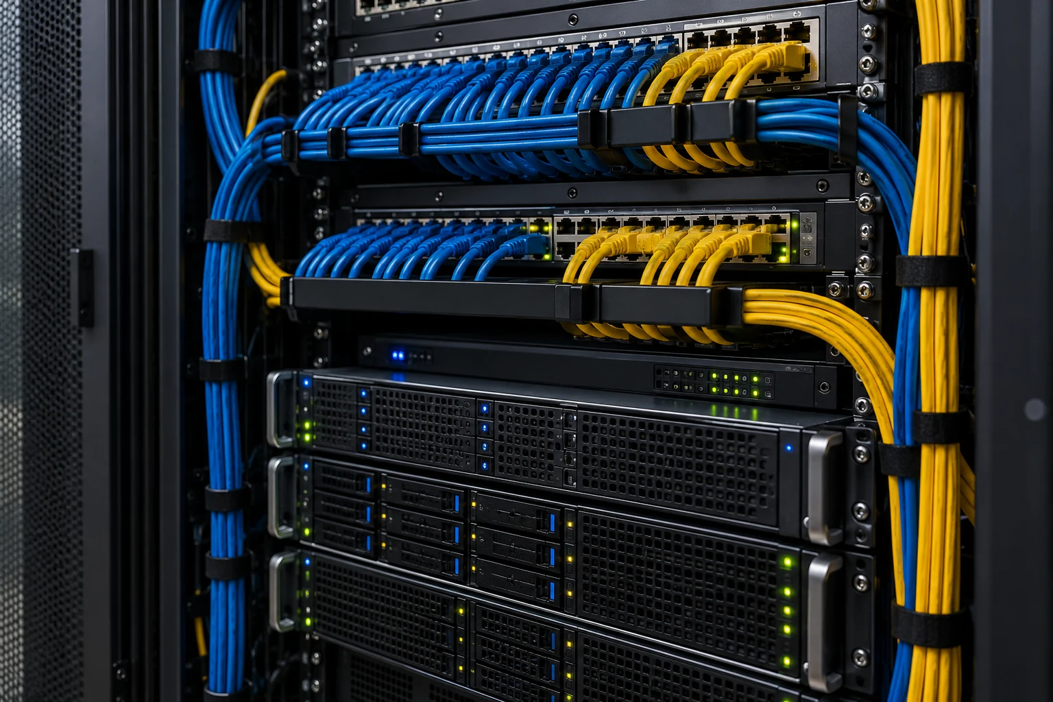 Server and network equipment with neatly organised blue and gold patch cables
