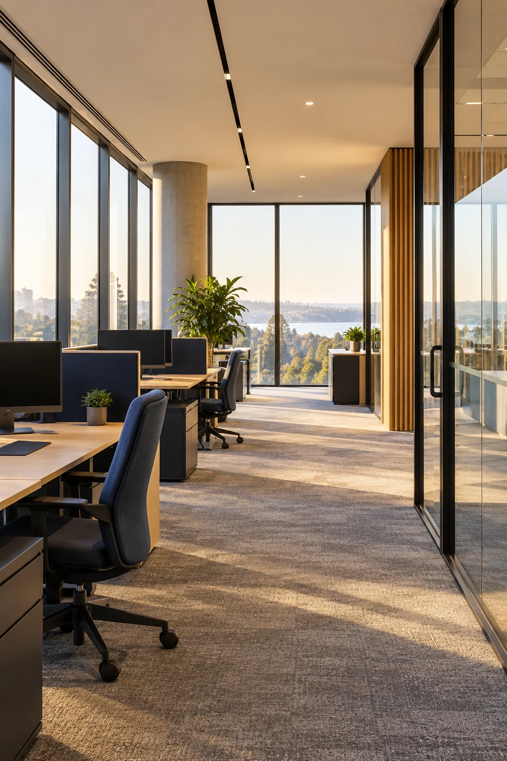 An empty contemporary workspace with timber desks and natural light