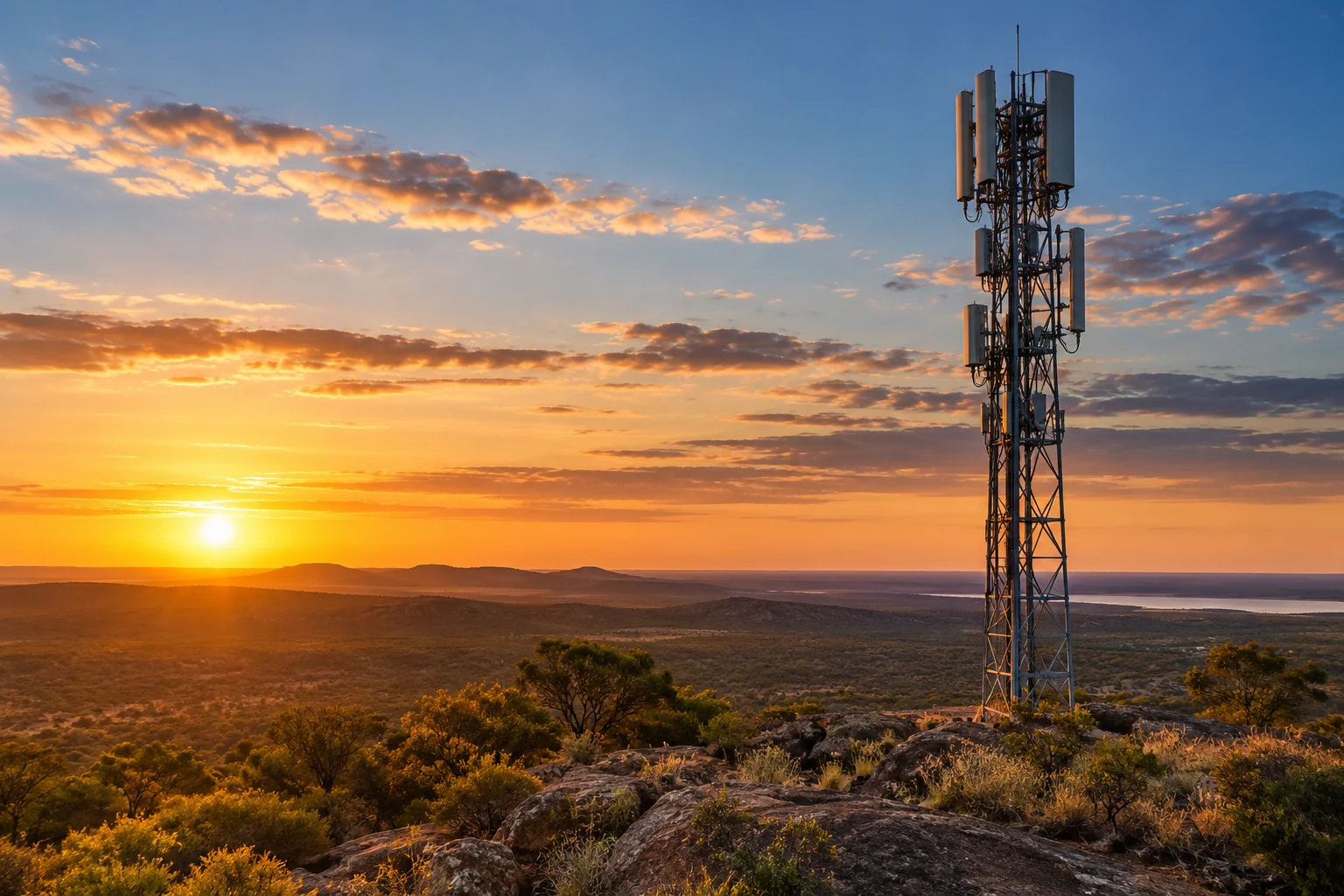 A telecommunications antenna overlooking an open landscape at sunset